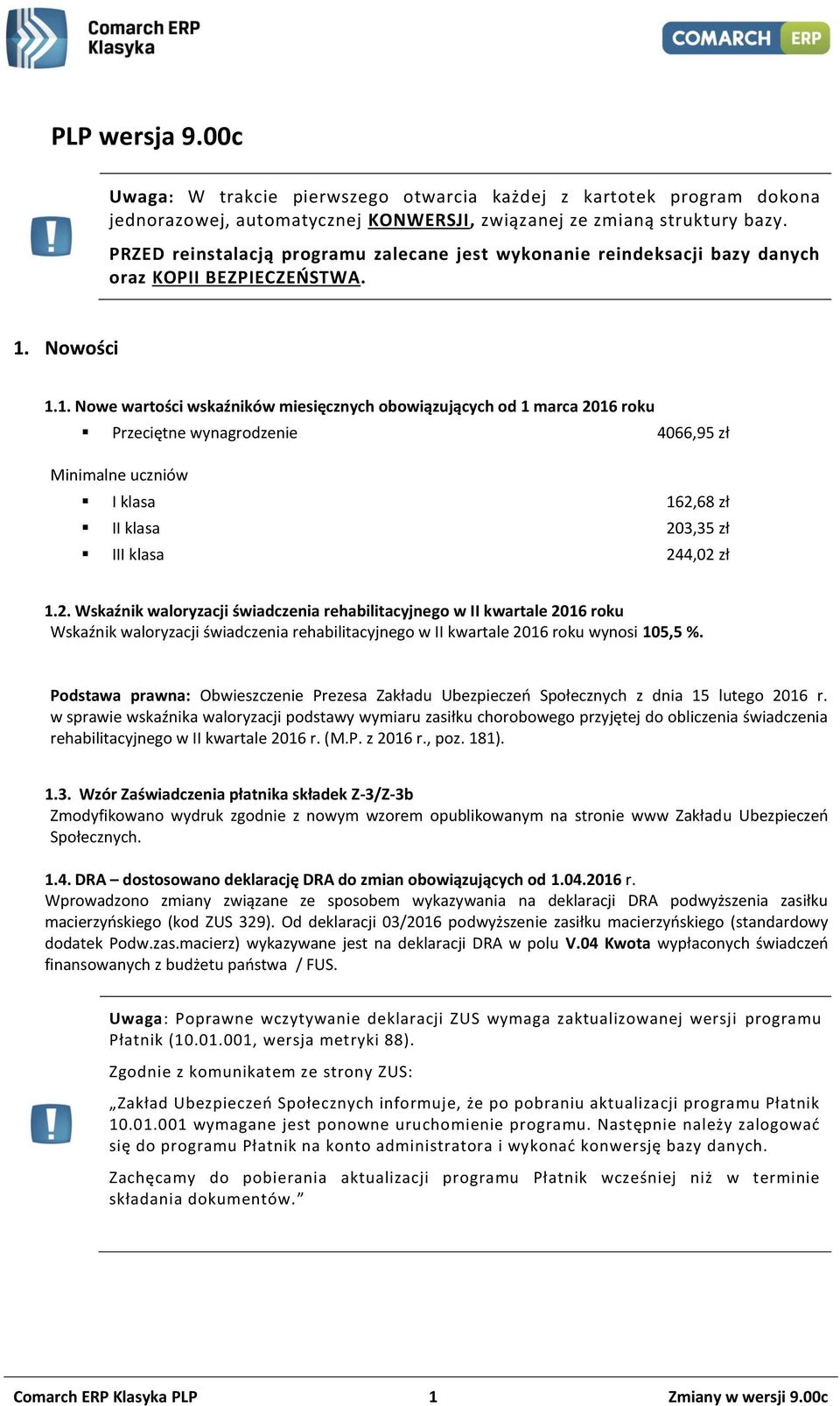 Nowości 1.1. Nowe wartości wskaźników miesięcznych obowiązujących od 1 marca 2016 roku Przeciętne wynagrodzenie 4066,95 zł Minimalne uczniów I klasa 162,68 zł II klasa 203,35 zł III klasa 244,02 zł 1.