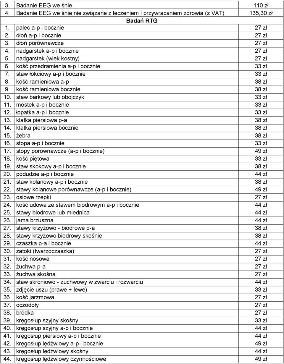 staw barkowy lub obojczyk 33 11. mostek a-p i bocznie 33 12. łopatka a-p i bocznie 33 13. klatka piersiowa p-a 38 14. klatka piersiowa bocznie 38 15. żebra 38 16. stopa a-p i bocznie 33 17.