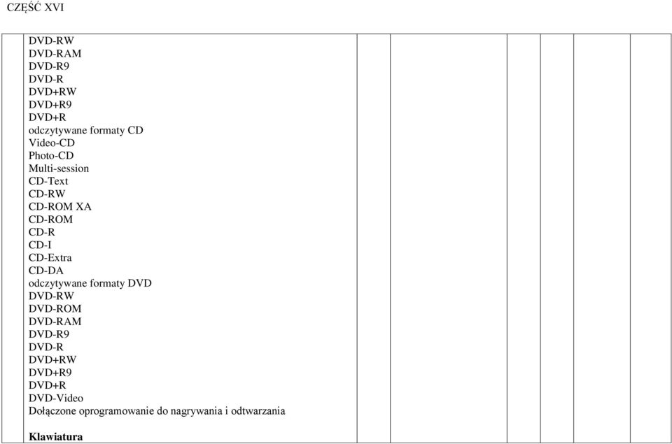 CD-Extra CD-DA odczytywane formaty DVD DVD-RW DVD-ROM DVD-RAM DVD-R9 DVD-R