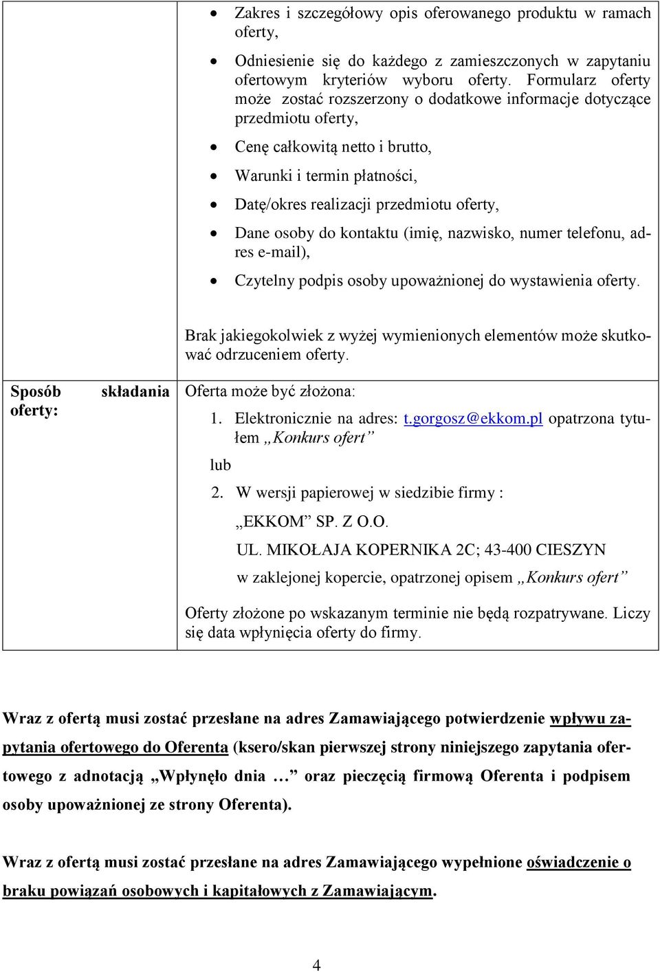 osoby do kontaktu (imię, nazwisko, numer telefonu, adres e-mail), Czytelny podpis osoby upoważnionej do wystawienia oferty.