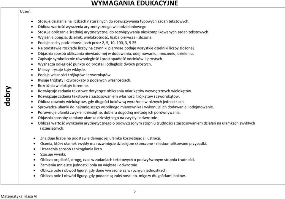 Podaje cechy podzielności liczb przez 2, 5, 10, 100, 3, 9 25. Na podstawie rozkładu liczby na czynniki pierwsze podaje wszystkie dzielniki liczby złożonej.