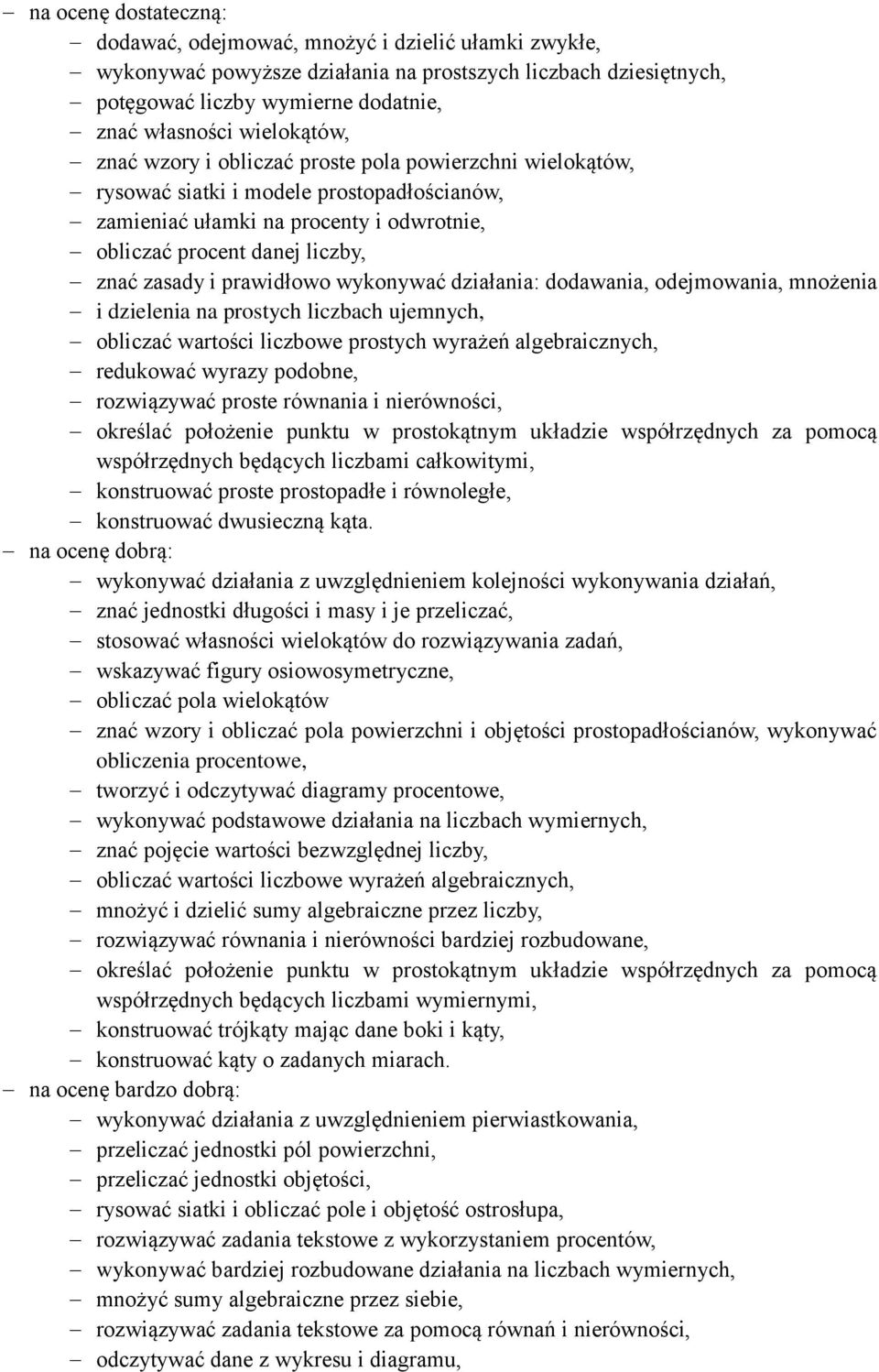 i prawidłowo wykonywać działania: dodawania, odejmowania, mnożenia i dzielenia na prostych liczbach ujemnych, obliczać wartości liczbowe prostych wyrażeń algebraicznych, redukować wyrazy podobne,