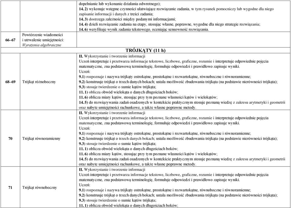 TRÓJKĄTY (11 h) 9.1) rozpoznaje i nazywa trójkąty ostrokątne, prostokątne i rozwartokątne, równoboczne i równoramienne; 9.