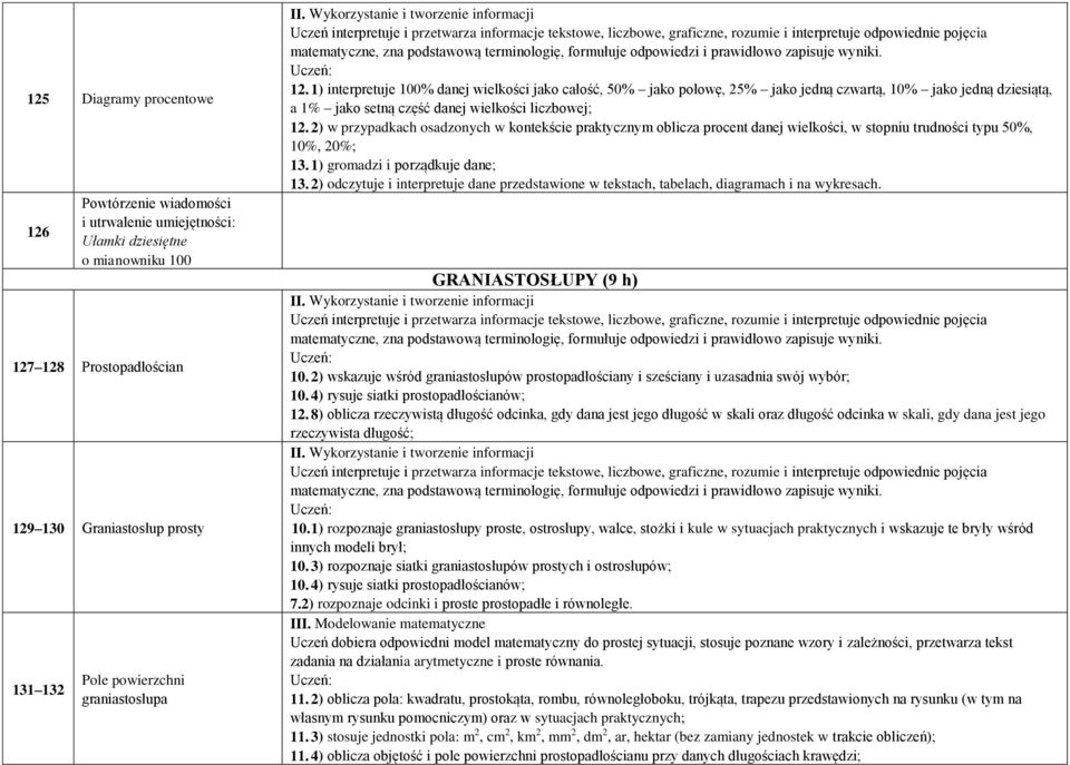 2) w przypadkach osadzonych w kontekście praktycznym oblicza procent danej wielkości, w stopniu trudności typu 50%, 10%, 20%; 13. 1) gromadzi i porządkuje dane; 13.