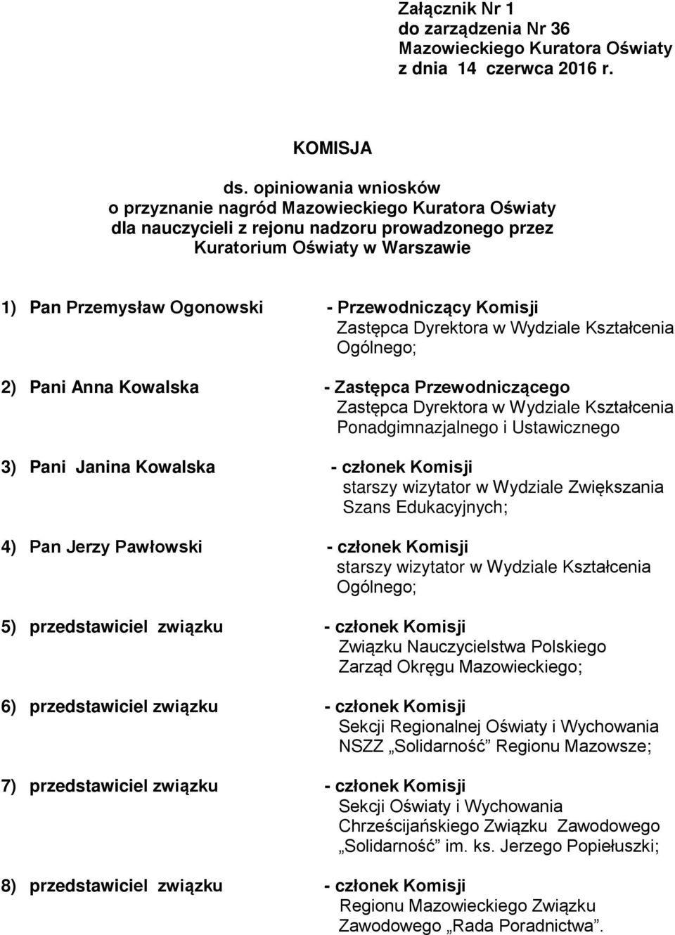 Pan Jerzy Pawłowski - członek Komisji starszy wizytator w Wydziale Kształcenia Ogólnego; Związku Nauczycielstwa Polskiego Zarząd Okręgu Mazowieckiego; 6) przedstawiciel związku - członek Komisji