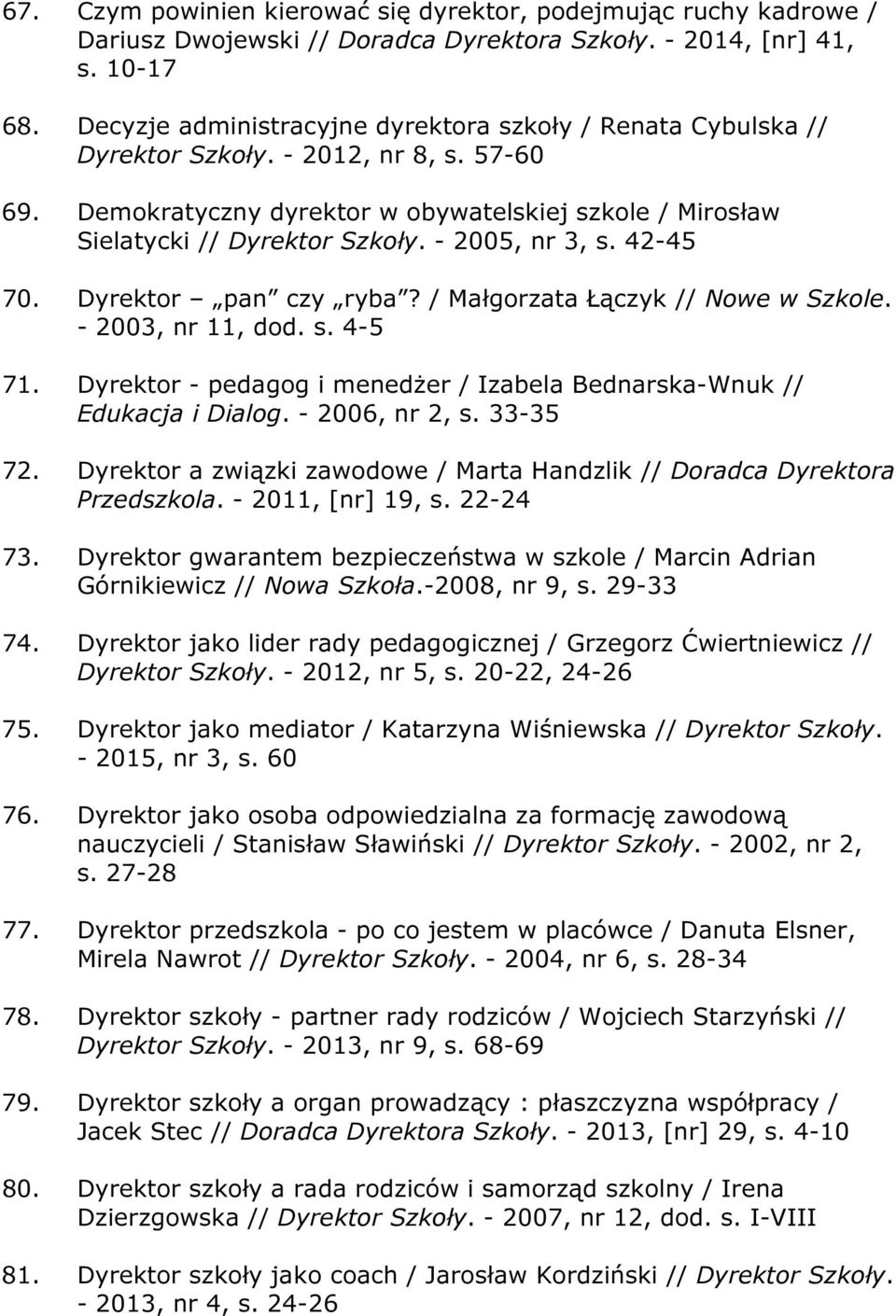 - 2005, nr 3, s. 42-45 70. Dyrektor pan czy ryba? / Małgorzata Łączyk // Nowe w Szkole. - 2003, nr 11, dod. s. 4-5 71. Dyrektor - pedagog i menedżer / Izabela Bednarska-Wnuk // Edukacja i Dialog.