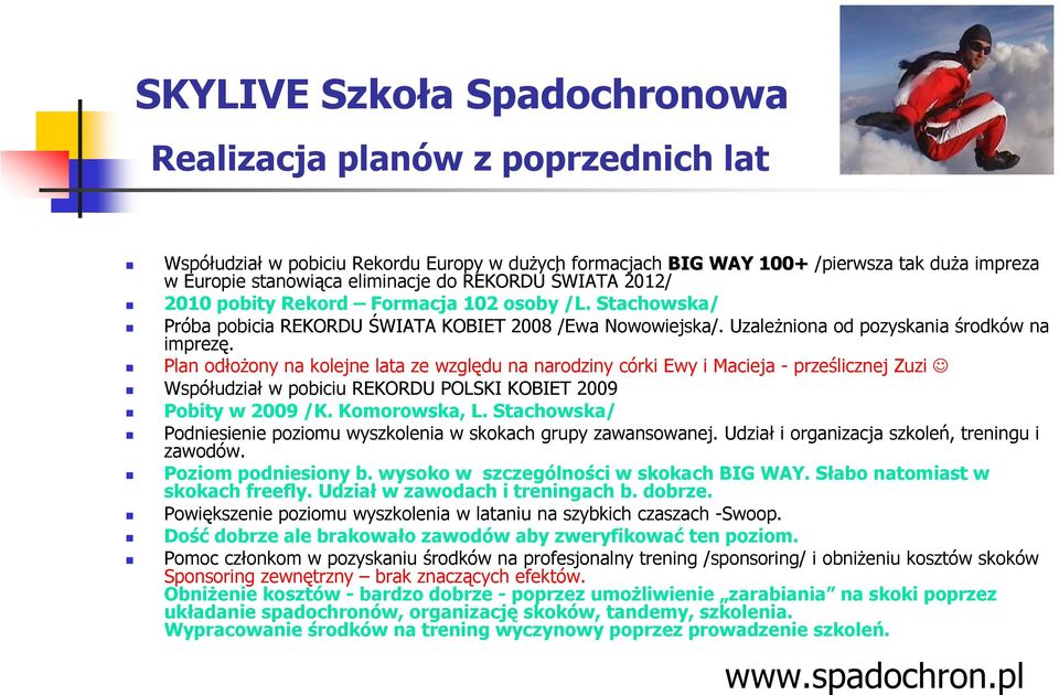 Plan odłożony na kolejne lata ze względu na narodziny córki Ewy i Macieja - prześlicznej Zuzi Współudział w pobiciu REKORDU POLSKI KOBIET 2009 Pobity w 2009 /K. Komorowska, L.