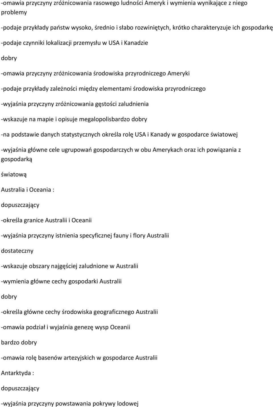 -wyjaśnia przyczyny zróżnicowania gęstości zaludnienia -wskazuje na mapie i opisuje megalopolis -na podstawie danych statystycznych określa rolę USA i Kanady w gospodarce światowej -wyjaśnia główne