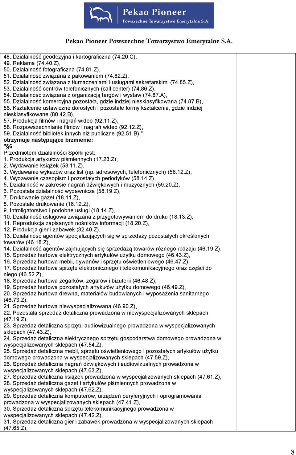 A), 55. Działalność komercyjna pozostała, gdzie indziej niesklasyfikowana (74.87.B), 56. Kształcenie ustawiczne dorosłych i pozostałe formy kształcenia, gdzie indziej niesklasyfikowane (80.42.B), 57.