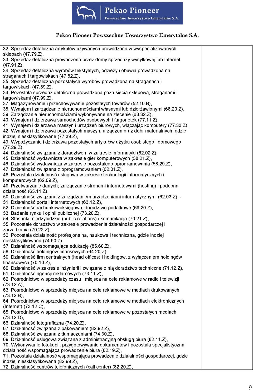 Z), 36. Pozostała sprzedaż detaliczna prowadzona poza siecią sklepową, straganami i targowiskami (47.99.Z), 37. Magazynowanie i przechowywanie pozostałych towarów (52.10.B), 38.