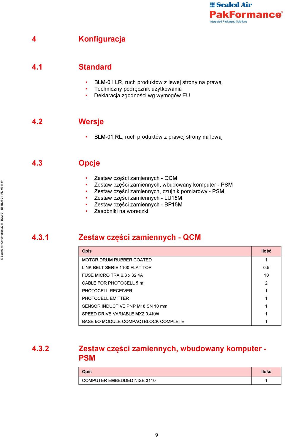 3 Opcje Zestaw części zamiennych - QCM Zestaw części zamiennych, wbudowany komputer - PSM Zestaw części zamiennych, czujnik pomiarowy - PSM Zestaw części zamiennych - LU15M Zestaw części zamiennych -