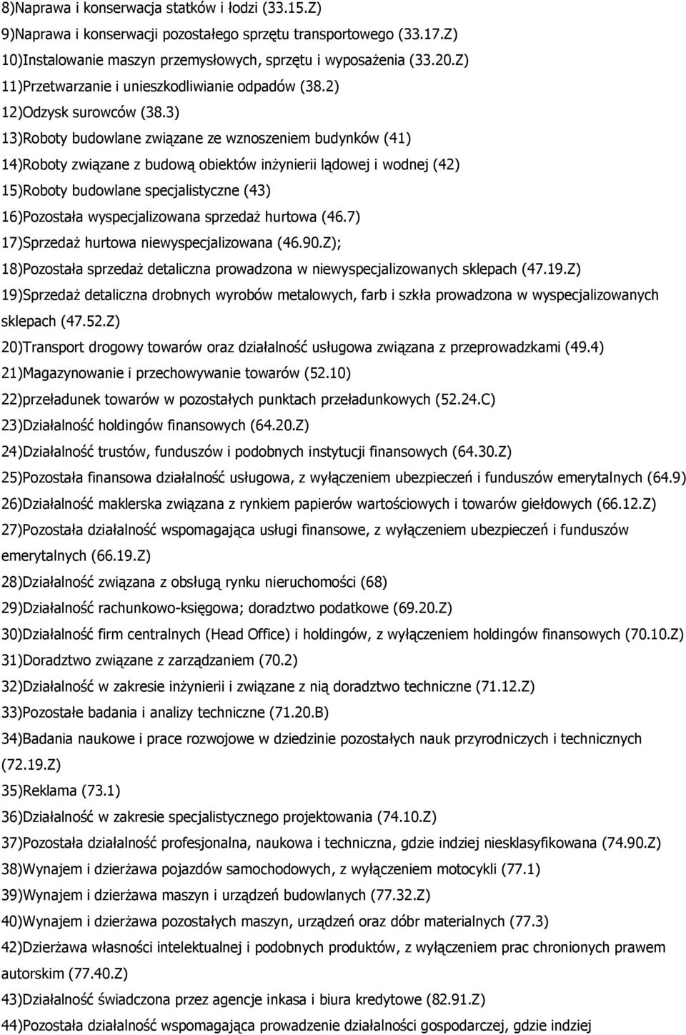 3) 13)Roboty budowlane związane ze wznoszeniem budynków (41) 14)Roboty związane z budową obiektów inżynierii lądowej i wodnej (42) 15)Roboty budowlane specjalistyczne (43) 16)Pozostała