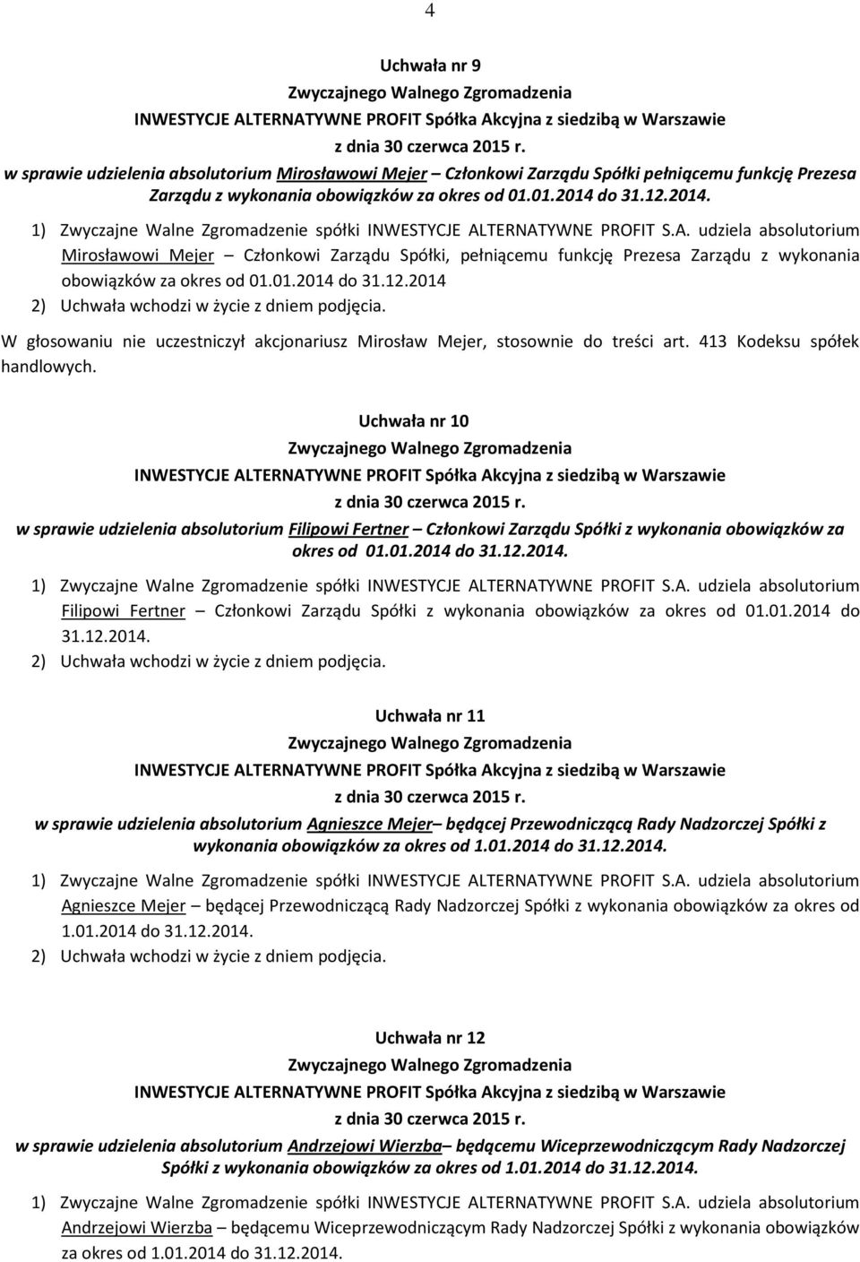 413 Kodeksu spółek handlowych. Uchwała nr 10 w sprawie udzielenia absolutorium Filipowi Fertner Członkowi Zarządu Spółki z wykonania obowiązków za okres od 01.01.2014 