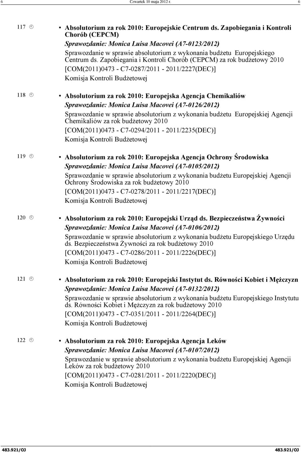 Zapobiegania i Kontroli Chorób (CEPCM) za rok budżetowy 2010 [COM(2011)0473 - C7-0287/2011-2011/2227(DEC)] 118 À Absolutorium za rok 2010: Europejska Agencja Chemikaliów Sprawozdanie: Monica Luisa