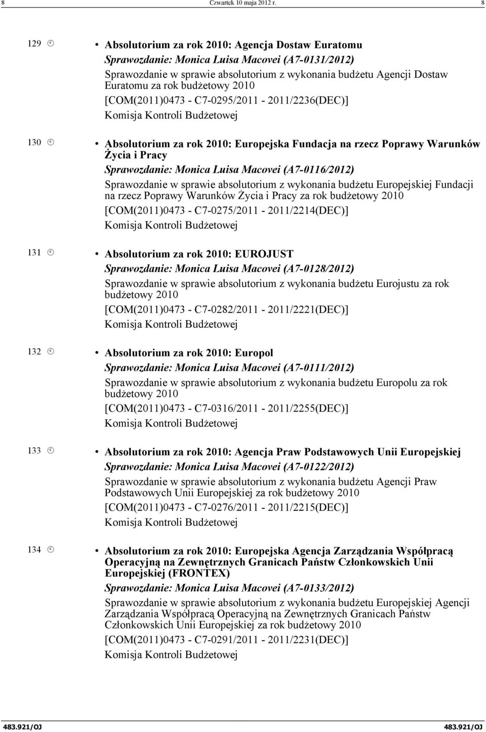 budżetowy 2010 [COM(2011)0473 - C7-0295/2011-2011/2236(DEC)] 130 À Absolutorium za rok 2010: Europejska Fundacja na rzecz Poprawy Warunków Życia i Pracy Sprawozdanie: Monica Luisa Macovei