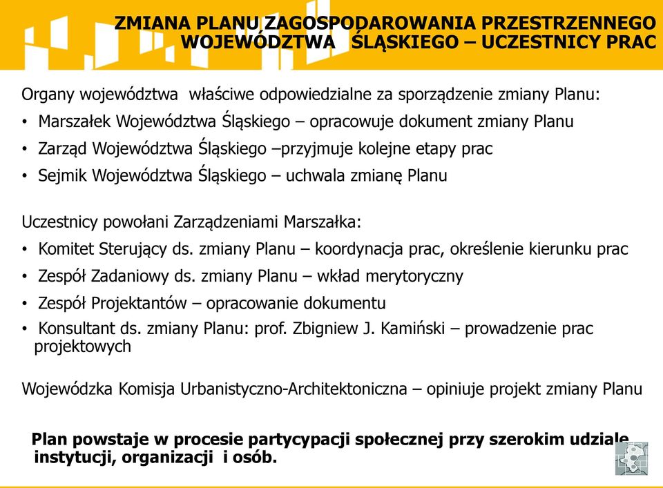 zmiany Planu koordynacja prac, określenie kierunku prac Zespół Zadaniowy ds. zmiany Planu wkład merytoryczny Zespół Projektantów opracowanie dokumentu Konsultant ds. zmiany Planu: prof.