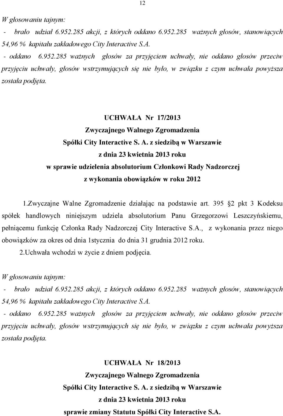 395 2 pkt 3 Kodeksu spółek handlowych niniejszym udziela absolutorium Panu Grzegorzowi Leszczyńskiemu, pełniącemu funkcję