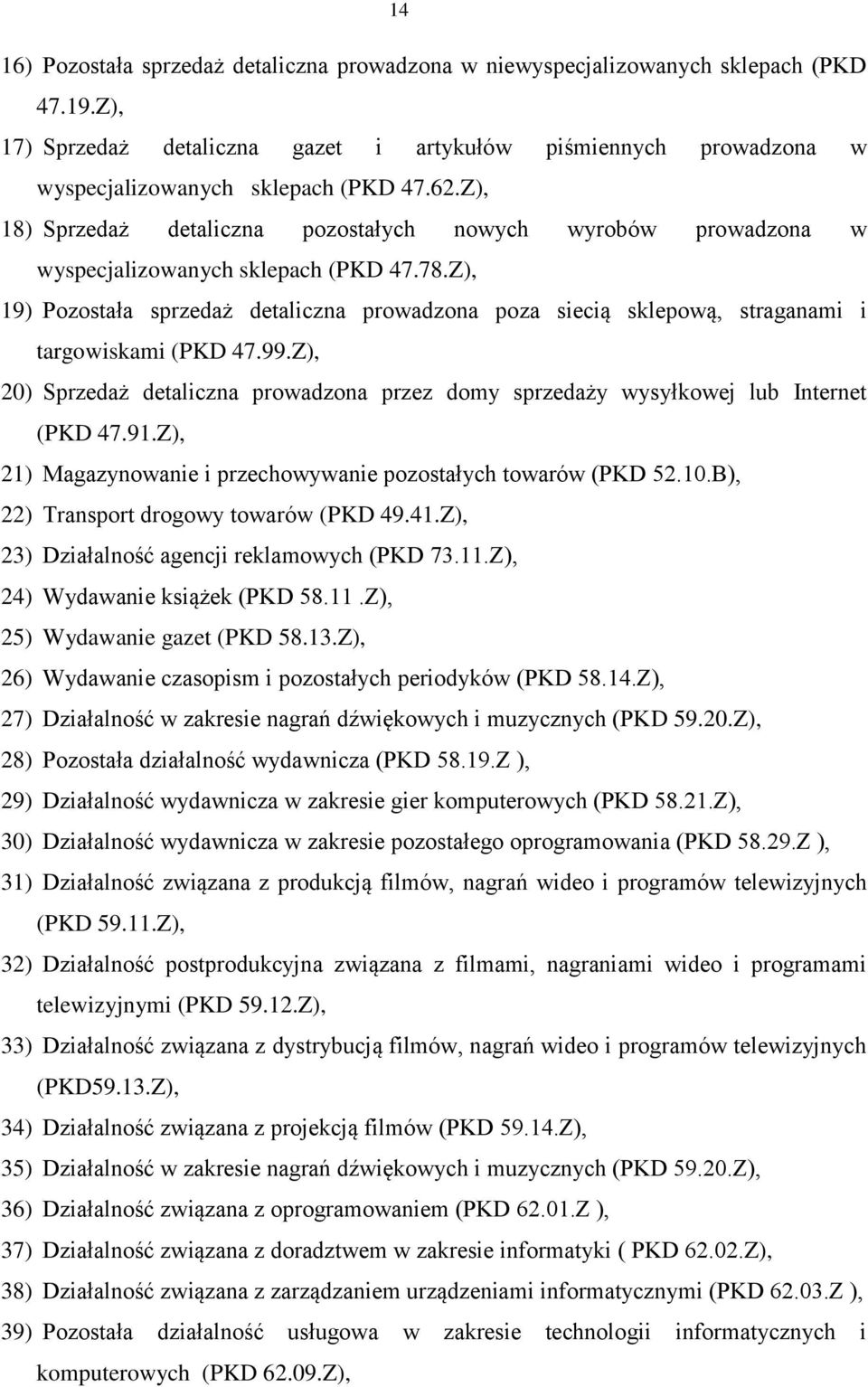 Z), 19) Pozostała sprzedaż detaliczna prowadzona poza siecią sklepową, straganami i targowiskami (PKD 47.99.Z), 20) Sprzedaż detaliczna prowadzona przez domy sprzedaży wysyłkowej lub Internet (PKD 47.