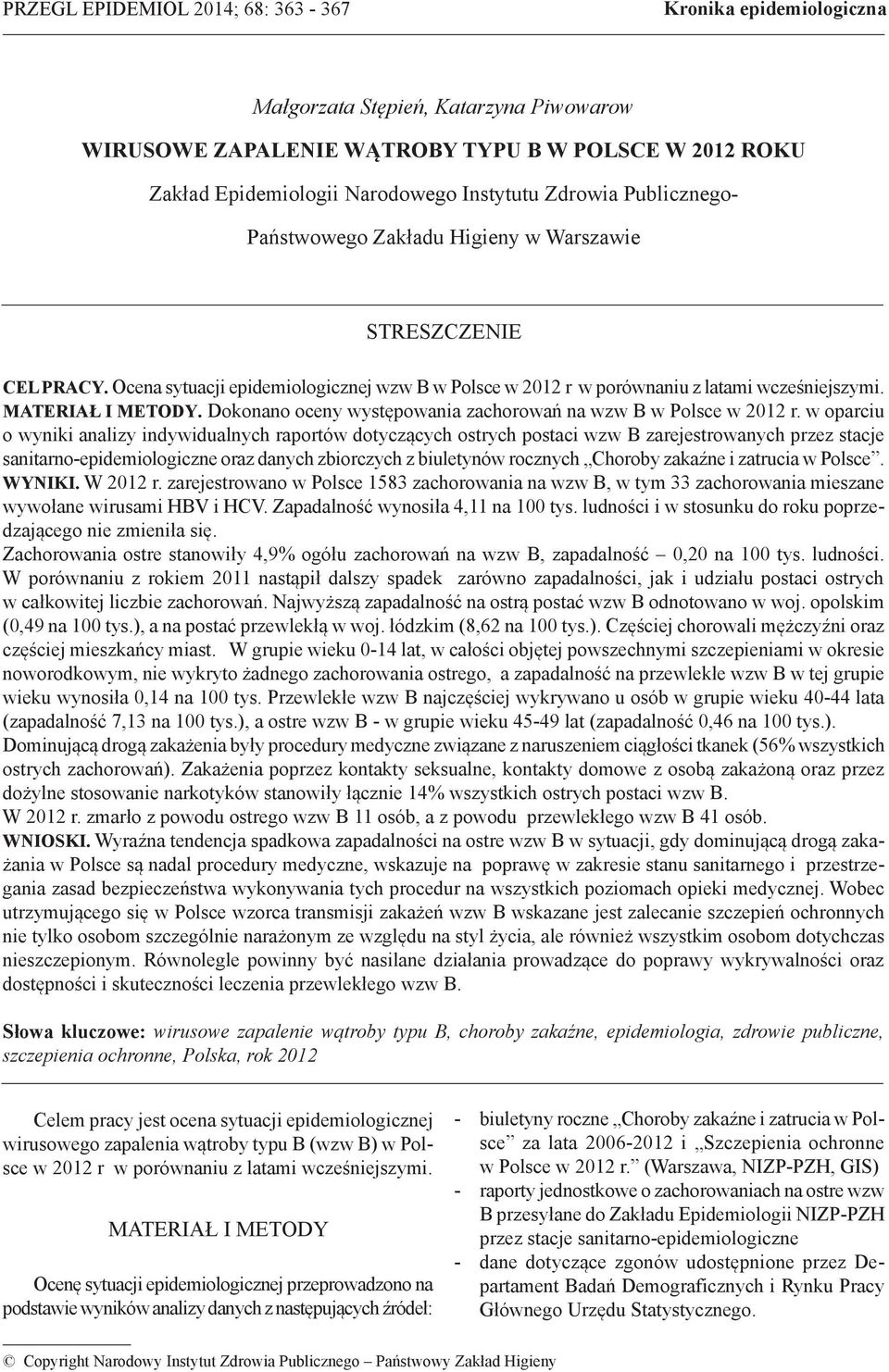 Dokonano oceny występowania zachorowań na wzw B w Polsce w 2012 r.