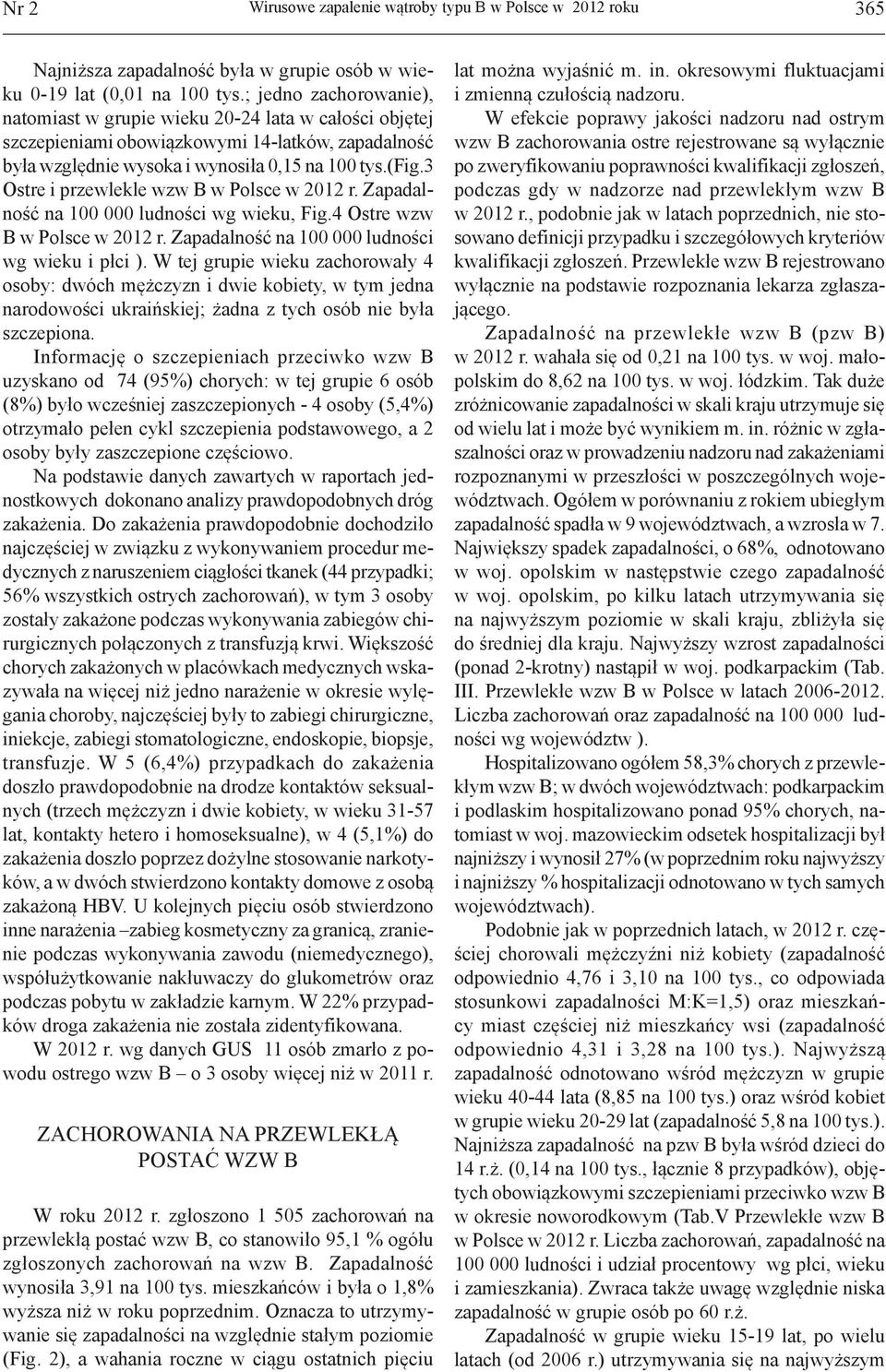 3 Ostre i przewlekle wzw B w Polsce w 2012 r. Zapadalność na 100 000 ludności wg wieku, Fig.4 Ostre wzw B w Polsce w 2012 r. Zapadalność na 100 000 ludności wg wieku i płci ).