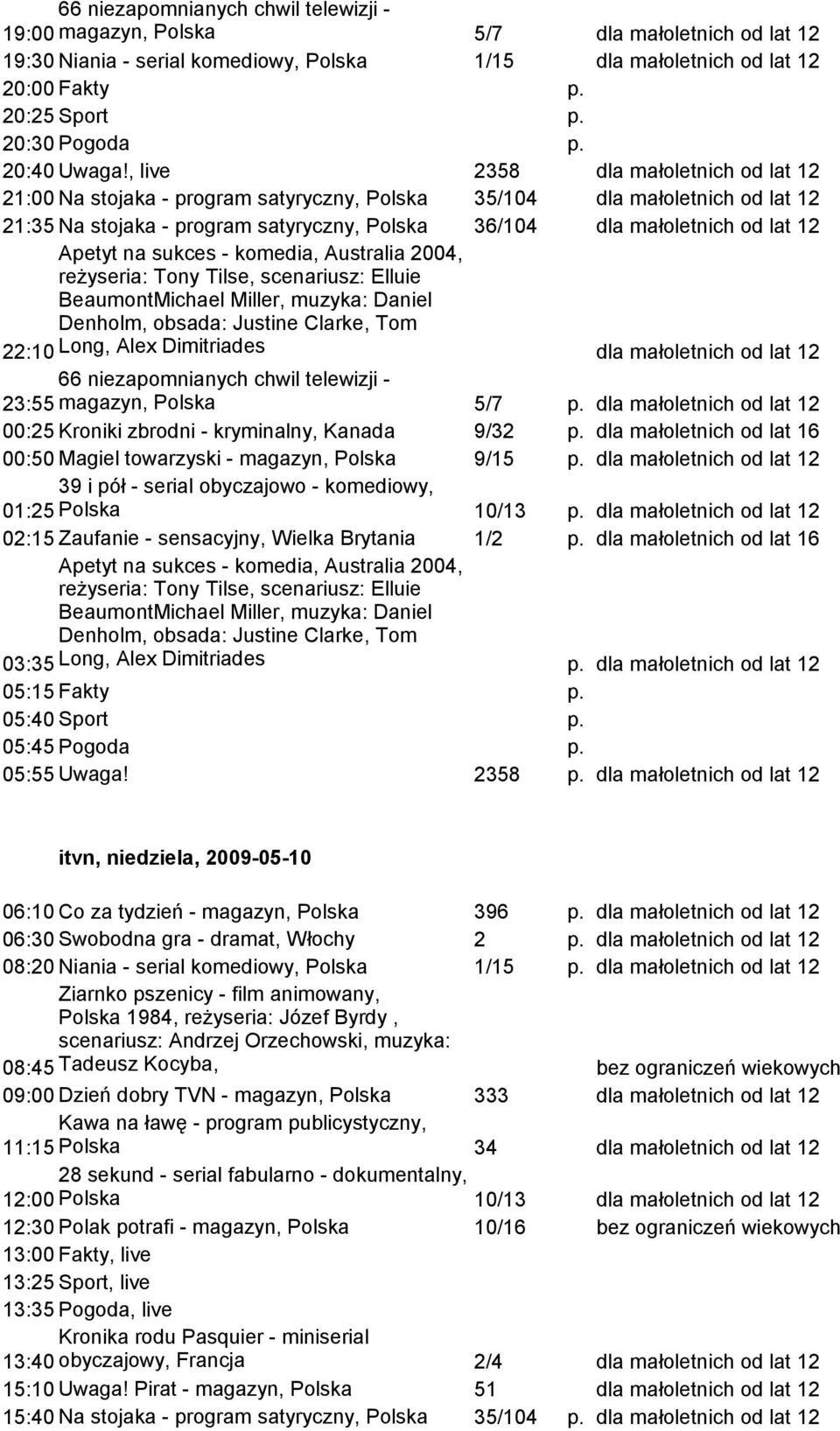 Clarke, Tom 22:10 Long, Alex Dimitriades 66 niezapomnianych chwil telewizji - 23:55 magazyn, Polska 5/7 00:25 Kroniki zbrodni - kryminalny, Kanada 9/32 dla małoletnich od lat 16 00:50 Magiel