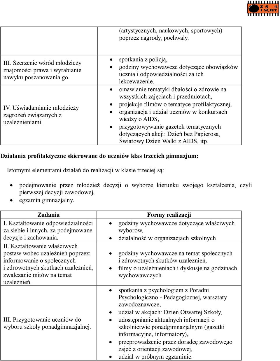 omawianie tematyki dbałości o zdrowie na wszystkich zajęciach i przedmiotach, projekcje filmów o tematyce profilaktycznej, organizacja i udział uczniów w konkursach wiedzy o AIDS, przygotowywanie