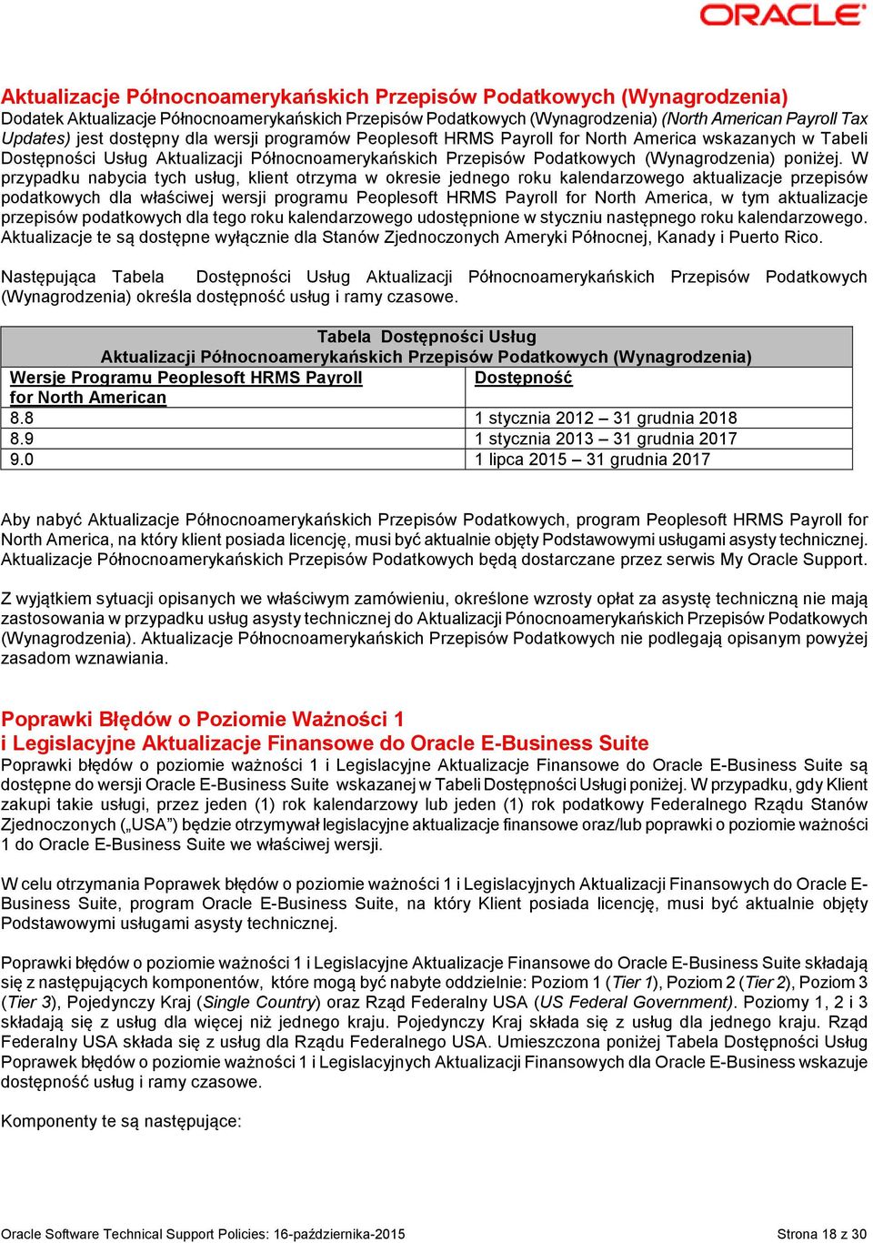 W przypadku nabycia tych usług, klient otrzyma w okresie jednego roku kalendarzowego aktualizacje przepisów podatkowych dla właściwej wersji programu Peoplesoft HRMS Payroll for North America, w tym