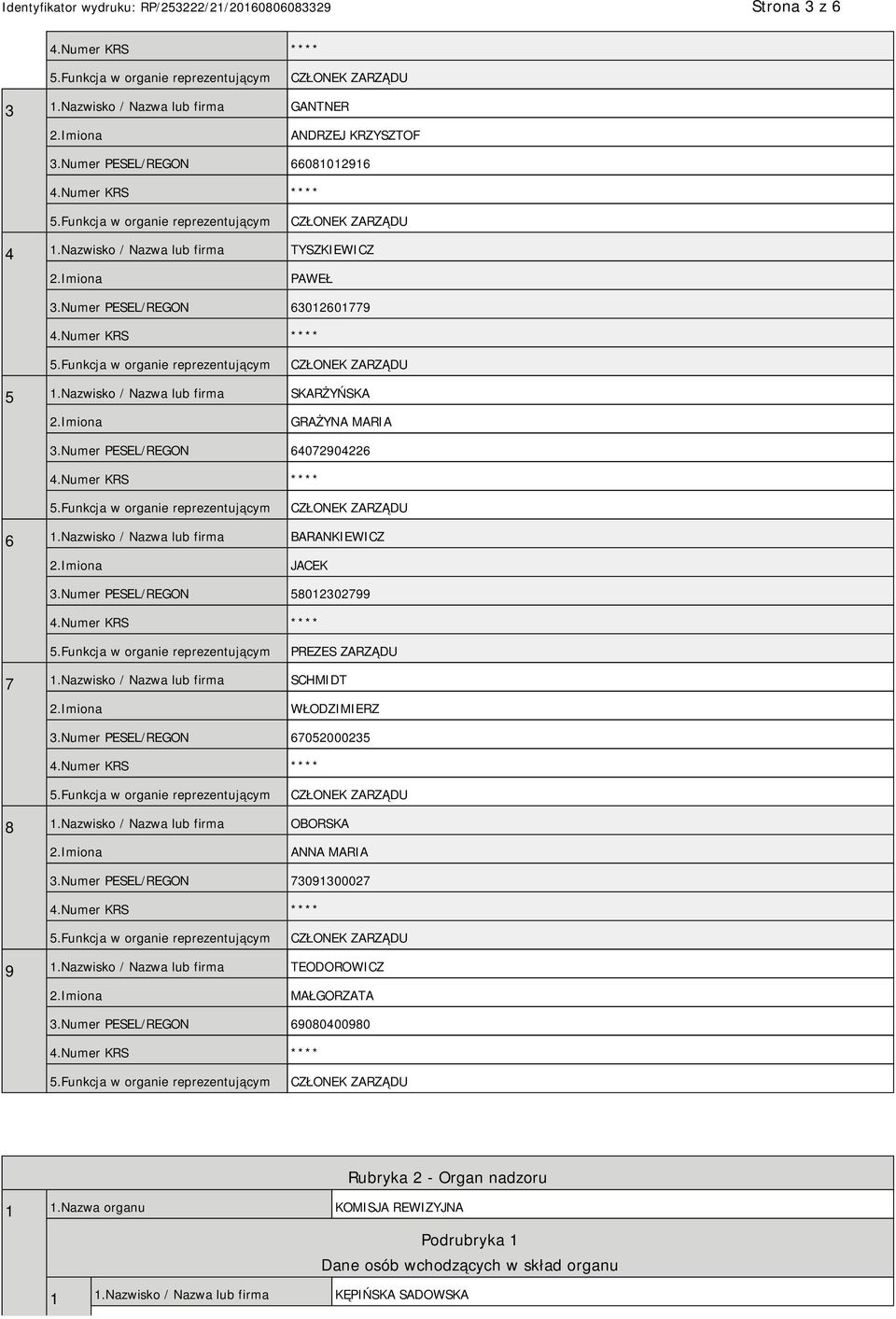 Nazwisko / Nazwa lub firma SCHMIDT WŁODZIMIERZ 3.Numer PESEL/REGON 67052000235 8 1.Nazwisko / Nazwa lub firma OBORSKA ANNA MARIA 3.Numer PESEL/REGON 73091300027 9 1.