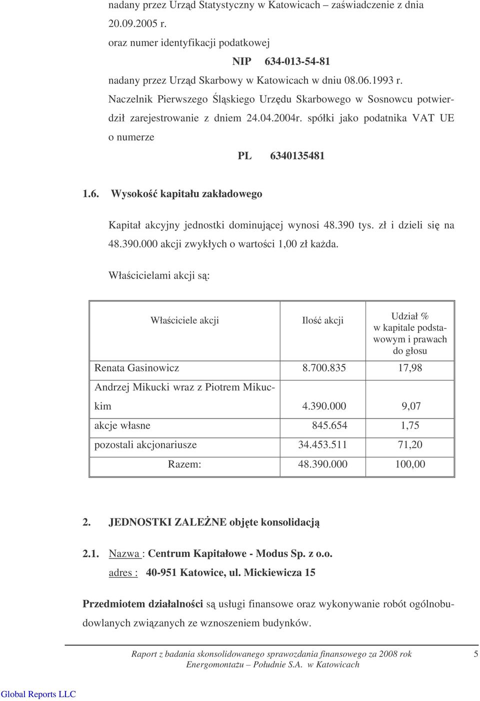 40135481 1.6. Wysoko kapitału zakładowego Kapitał akcyjny jednostki dominujcej wynosi 48.390 tys. zł i dzieli si na 48.390.000 akcji zwykłych o wartoci 1,00 zł kada.
