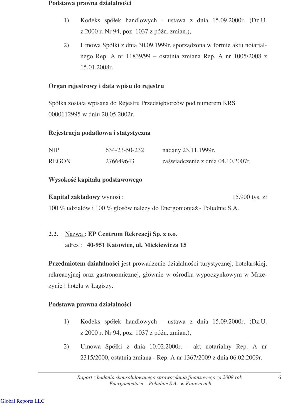 Organ rejestrowy i data wpisu do rejestru Spółka została wpisana do Rejestru Przedsibiorców pod numerem KRS 0000112995 w dniu 20.05.2002r.