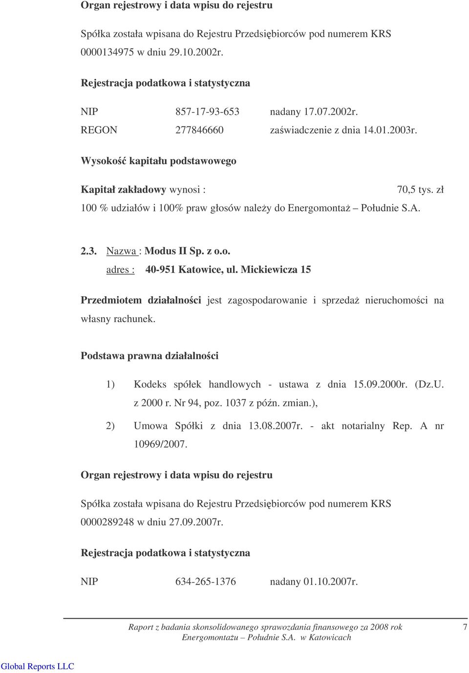 zł 100 % udziałów i 100% praw głosów naley do Energomonta Południe S.A. 2.3. Nazwa : Modus II Sp. z o.o. adres : 40-951 Katowice, ul.