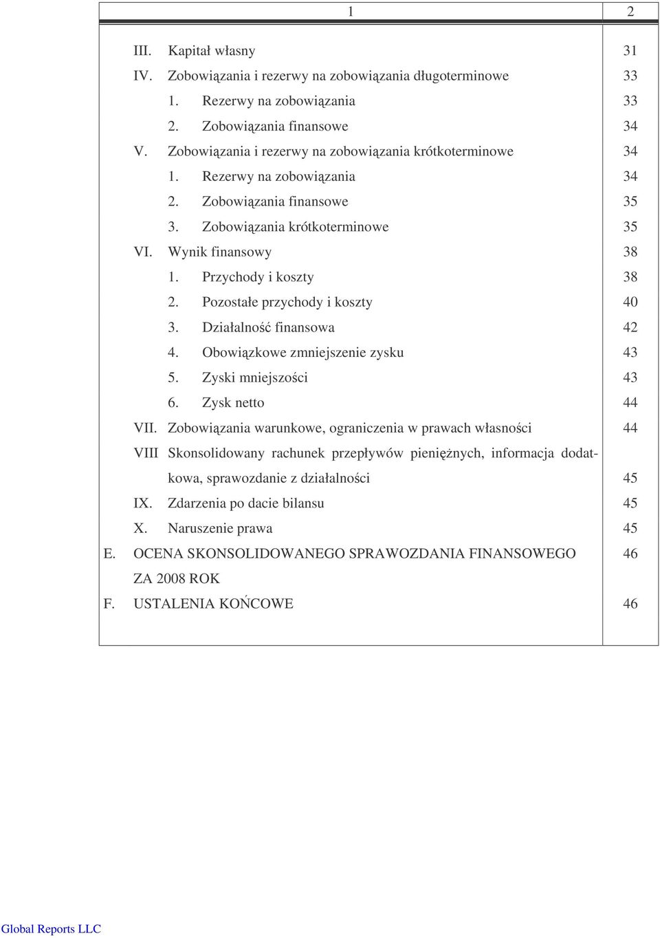 Pozostałe przychody i koszty 40 3. Działalno finansowa 42 4. Obowizkowe zmniejszenie zysku 43 5. Zyski mniejszo ci 43 6. Zysk netto 44 VII.