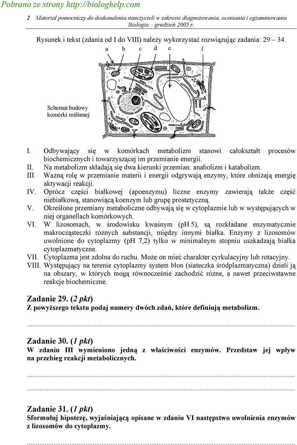 Schemat budowy komórki roślinnej I. Odbywający się w komórkach metabolizm stanowi całokształt procesów biochemicznych i towarzyszącej im przemianie energii. II.