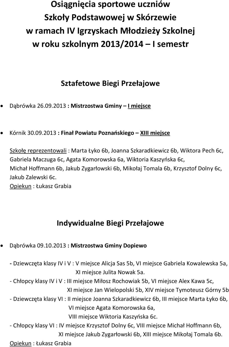 2013 : Finał Powiatu Poznańskiego XIII miejsce Szkołę reprezentowali : Marta Łyko 6b, Joanna Szkaradkiewicz 6b, Wiktora Pech 6c, Gabriela Maczuga 6c, Agata Komorowska 6a, Wiktoria Kaszyńska 6c,