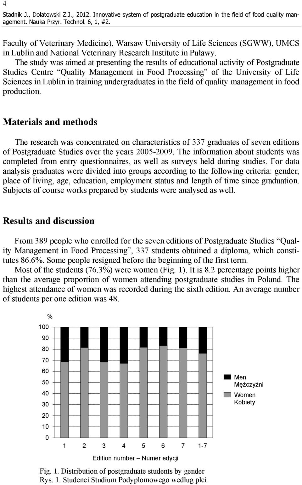 The study was aimed at presenting the results of educational activity of Postgraduate Studies Centre Quality Management in Food Processing of the University of Life Sciences in Lublin in training