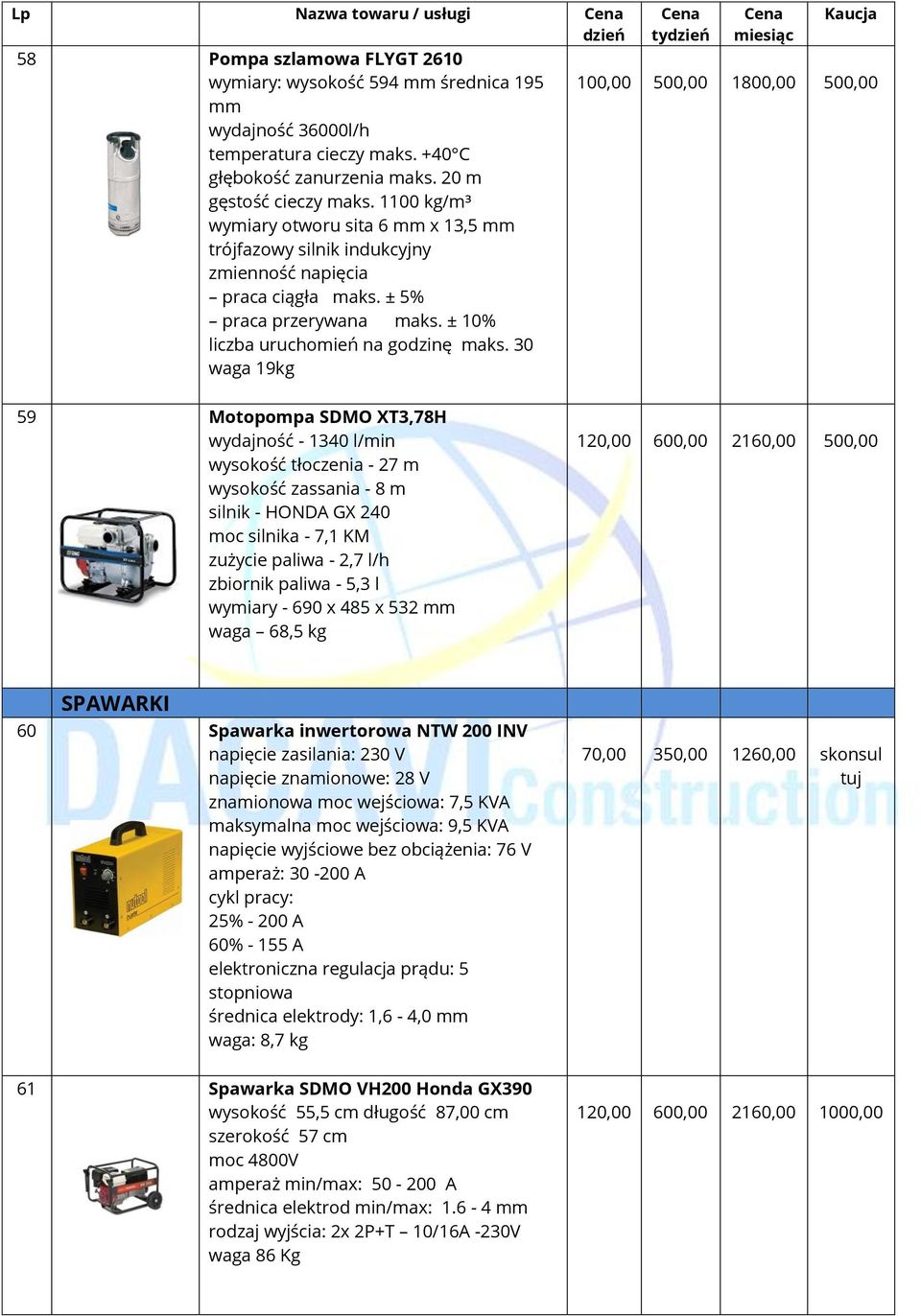 30 waga 19kg 100,00 500,00 1800,00 500,00 59 Motopompa SDMO XT3,78H wydajność - 1340 l/min wysokość tłoczenia - 27 m wysokość zassania - 8 m silnik - HONDA GX 240 moc silnika - 7,1 KM zużycie paliwa