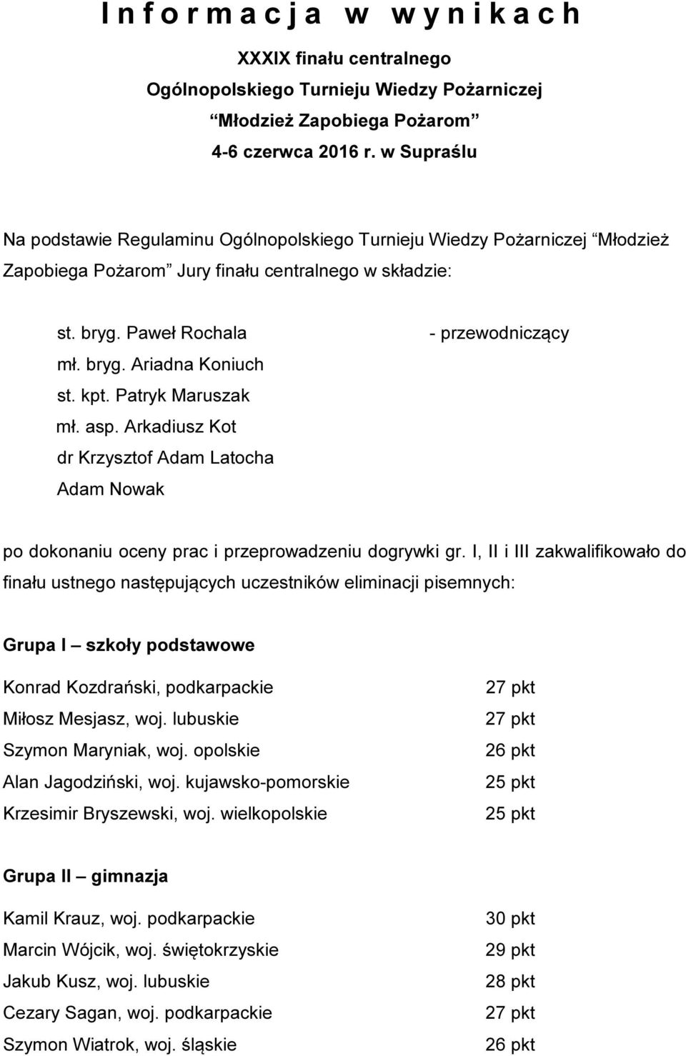 Patryk Maruszak mł. asp. Arkadiusz Kot dr Krzysztof Adam Latocha Adam Nowak - przewodniczący po dokonaniu oceny prac i przeprowadzeniu dogrywki gr.