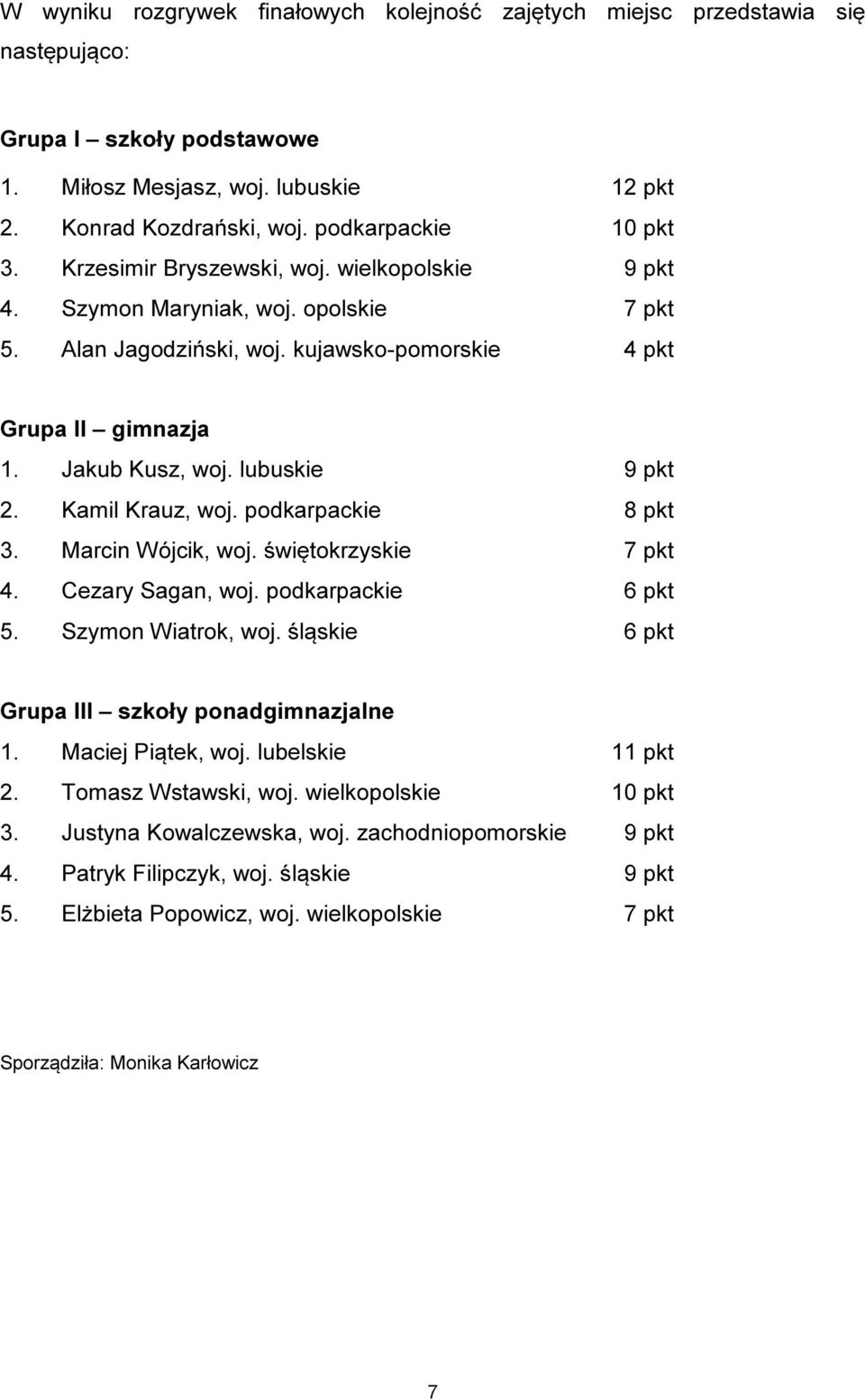 Kamil Krauz, woj. podkarpackie 8 pkt 3. Marcin Wójcik, woj. świętokrzyskie 7 pkt 4. Cezary Sagan, woj. podkarpackie 6 pkt 5. Szymon Wiatrok, woj. śląskie 6 pkt Grupa III szkoły ponadgimnazjalne 1.