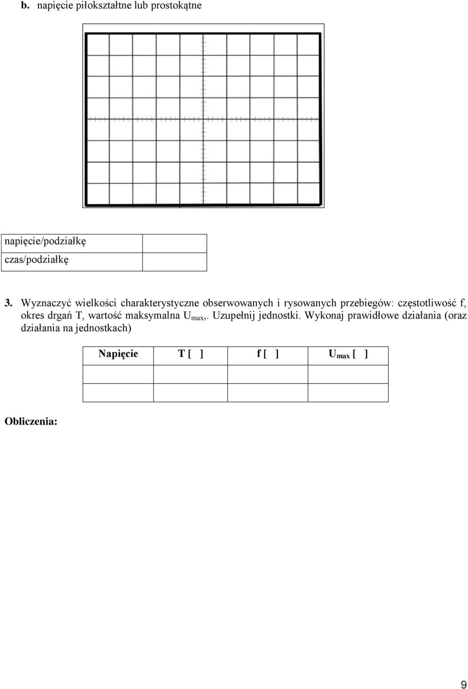 częstotliwość f, okres drgań T, wartość maksymalna U max,. Uzupełnij jednostki.