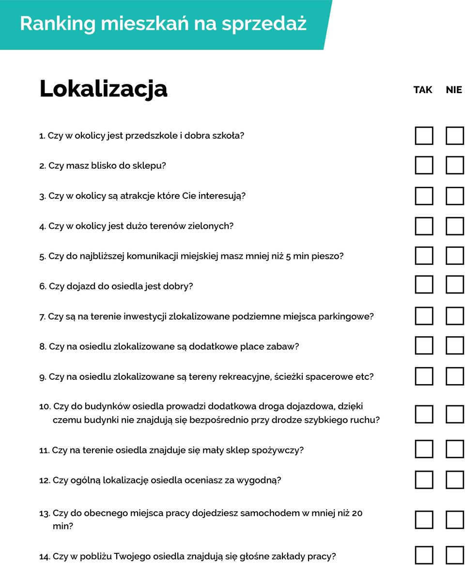 Czy na osiedlu zlokalizowane są dodatkowe place zabaw? 9. Czy na osiedlu zlokalizowane są tereny rekreacyjne, ścieżki spacerowe etc? 10.