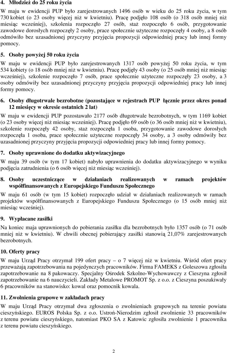 rozpoczęły 4 osoby, a 8 osób odmówiło bez uzasadnionej przyczyny przyjęcia propozycji odpowiedniej pracy lub innej formy pomocy. 5.