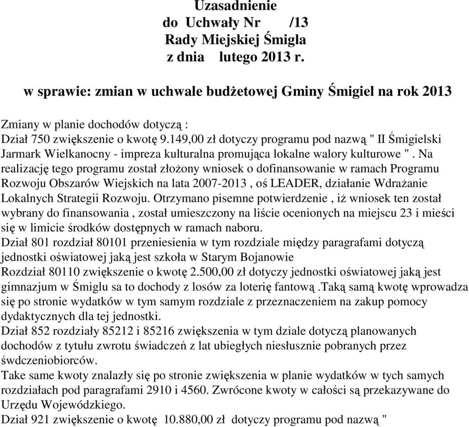 Na realizację tego programu został złożony wniosek o dofinansowanie w ramach Programu Rozwoju Obszarów Wiejskich na lata 2007-2013, oś LEADER, działanie Wdrażanie Lokalnych Strategii Rozwoju.