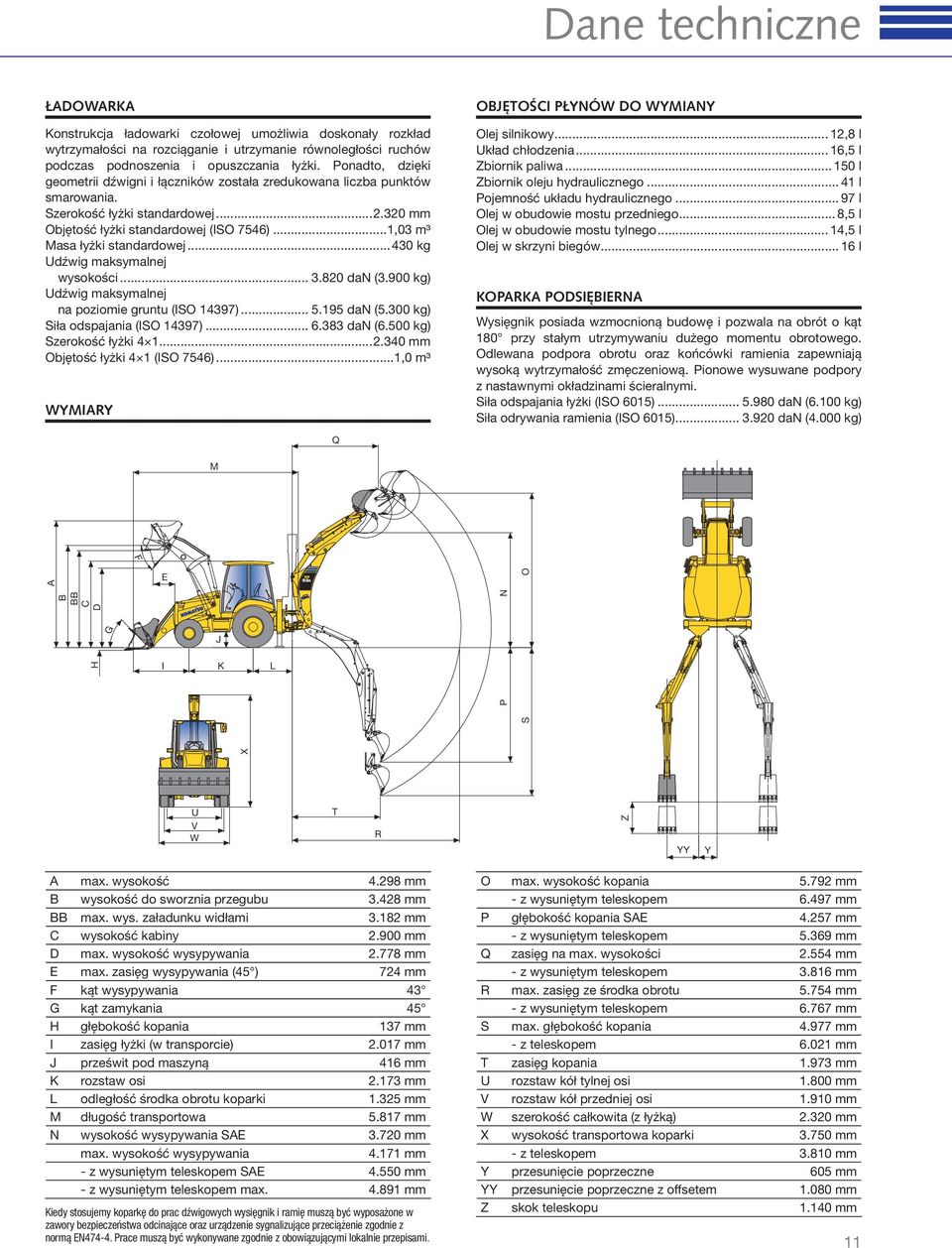 ..1,03 m³ Masa łyżki standardowej...430 kg Udźwig maksymalnej wysokości... 3.820 dan (3.900 kg) Udźwig maksymalnej na poziomie gruntu (ISO 14397)... 5.195 dan (5.300 kg) Siła odspajania (ISO 14397).