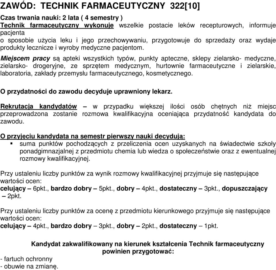 Miejscem pracy są apteki wszystkich typów, punkty apteczne, sklepy zielarsko- medyczne, zielarsko- drogeryjne, ze sprzętem medycznym, hurtownie farmaceutyczne i zielarskie, laboratoria, zakłady