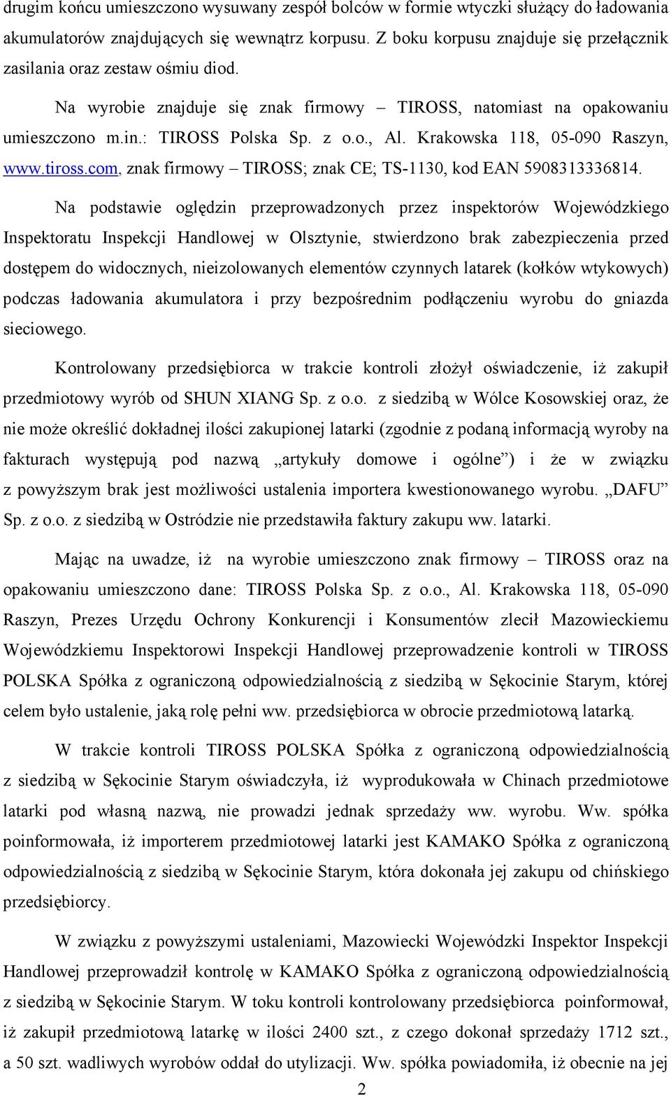 Krakowska 118, 05-090 Raszyn, www.tiross.com, znak firmowy TIROSS; znak CE; TS-1130, kod EAN 5908313336814.