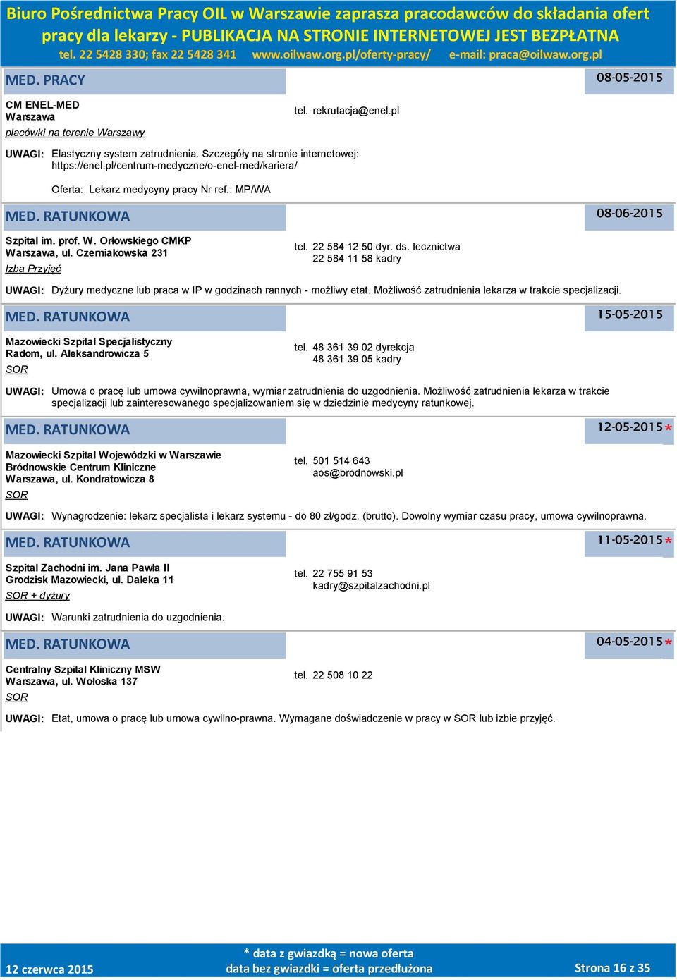 22 584 12 50 dyr. ds. lecznictwa 22 584 11 58 kadry UWAGI: Dyżury medyczne lub praca w IP w godzinach rannych - możliwy etat. Możliwość zatrudnienia lekarza w trakcie specjalizacji. MED.