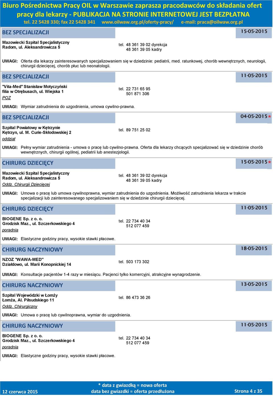 ratunkowej, chorób wewnętrznych, neurologii, chirurgii dziecięcej, chorób płuc lub neonatologii. BEZ SPECJALIZACJI "Vita-Med" Stanisław Motyczyński filia w Otrębusach, ul. Wiejska 1 tel.