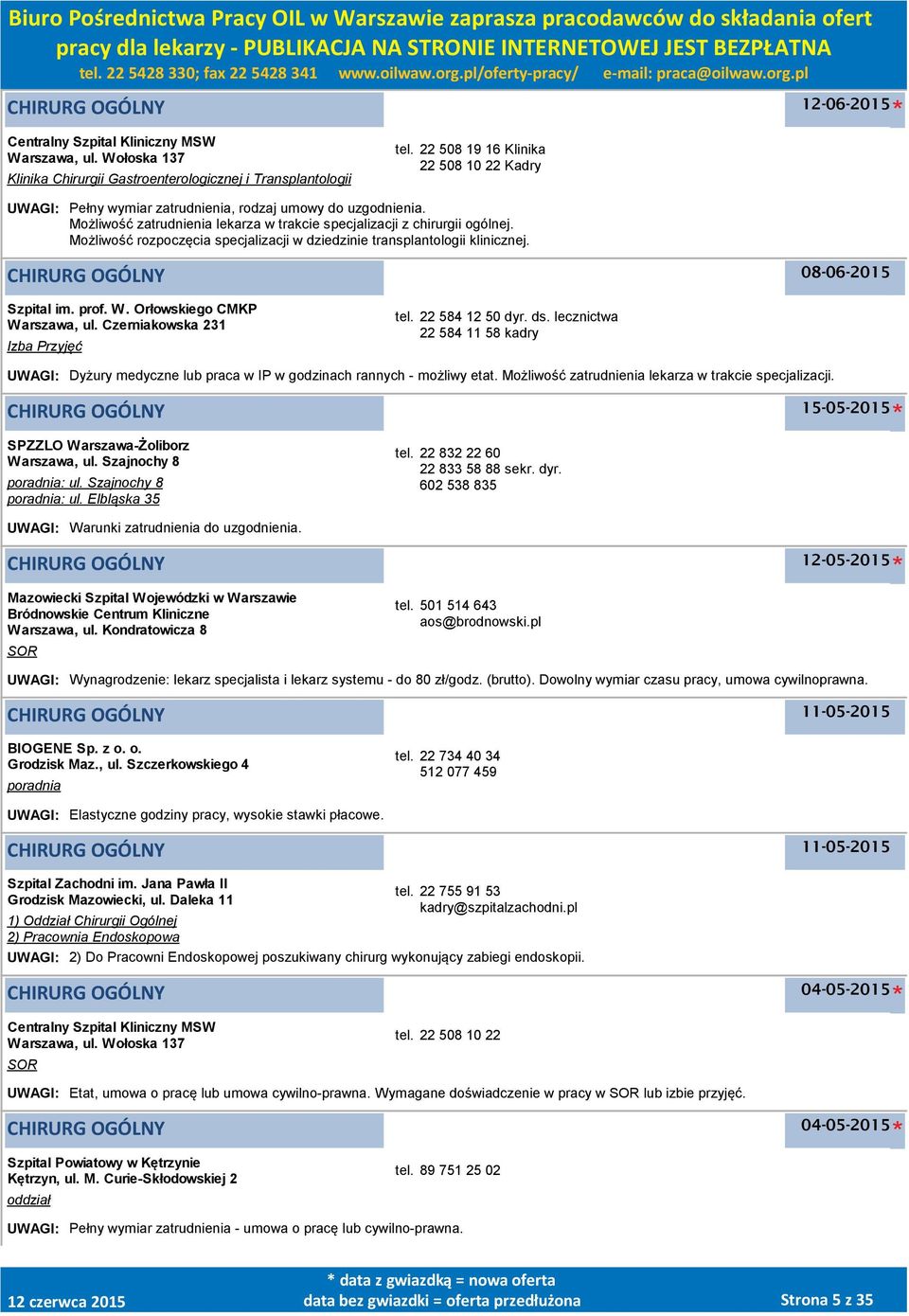 Możliwość rozpoczęcia specjalizacji w dziedzinie transplantologii klinicznej. CHIRURG OGÓLNY 08-06-2015 Szpital im. prof. W. Orłowskiego CMKP, ul. Czerniakowska 231 Izba Przyjęć tel. 22 584 12 50 dyr.