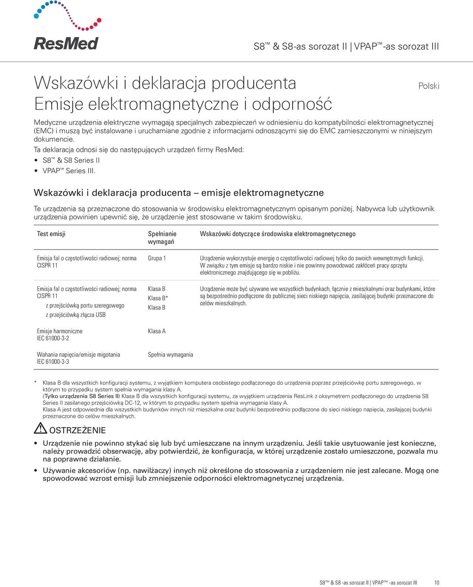 Ta deklaracja odnosi się do następujących urządzeń firmy ResMed: S8 & S8 Series II VPAP Series III.