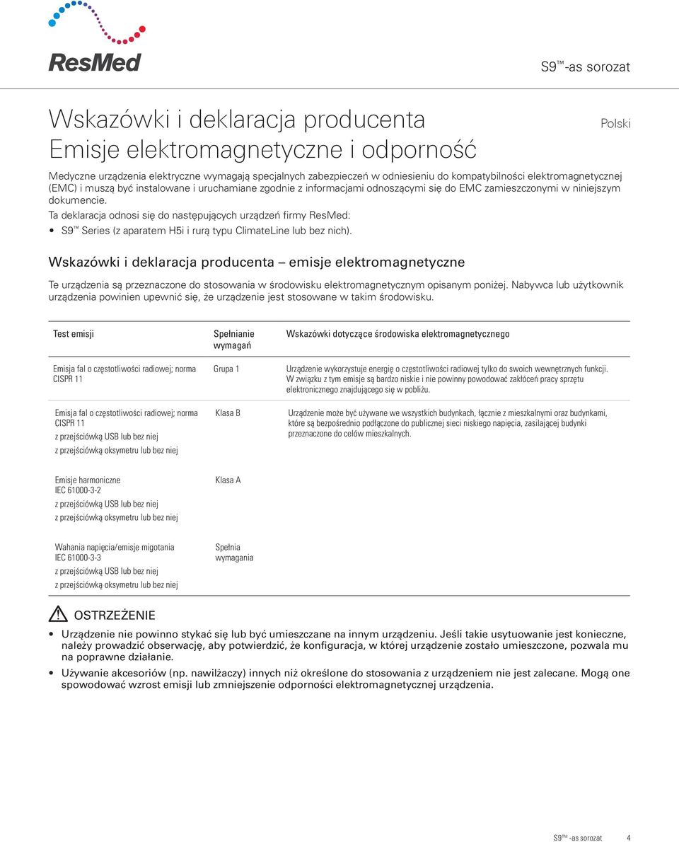 Ta deklaracja odnosi się do następujących urządzeń firmy ResMed: S9 Series (z aparatem H5i i rurą typu ClimateLine lub bez nich).